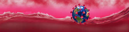 3D image of a stylized covid virus disguised as a globe against a backdrop of waves and clouds in...