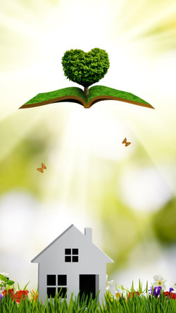 Image of an open book floating in the air and a tree grown out of the book, the crown of which has the shape of a heart against the background of a stylized house, grass, flowers and butterfliesの写真素材