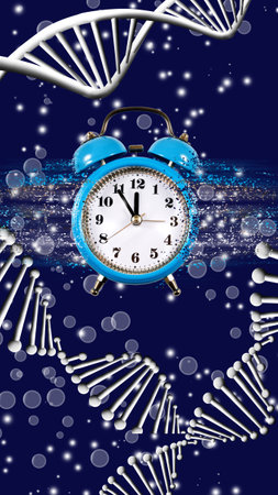 Abstract image of a clock with particles coming off of it against the background of stylized DNA chains. 3D-imageの写真素材