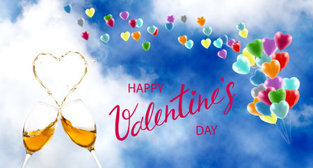 Happy Valentine's Day. Romantic banner. Decoration of beautiful balloonsの写真素材