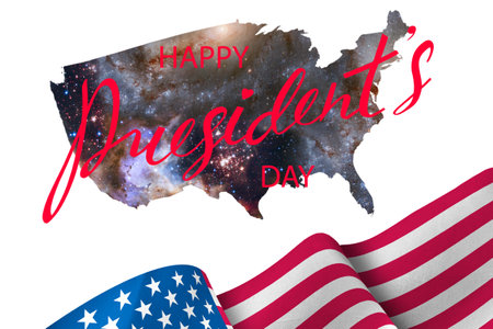 Postcard for the holiday of President's Day with the image of the map of America in the form of a starry sky and a congratulatory inscriptionの写真素材