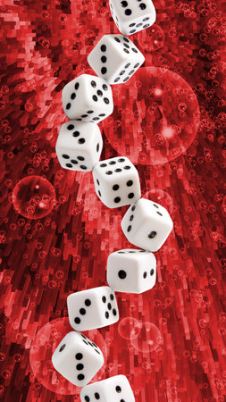 Image of playing dice arranged in a row on an abstract backgroundの写真素材
