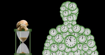 Human outline image filled with many clock faces, hourglass with snail on black background