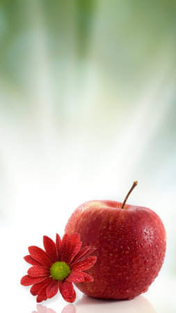 Image of a red apple with water drops and a beautiful flower in the foreground on a white backgroundの写真素材