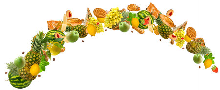 Image of various fruits and confectionery mixed with them in flight in the air grouped and form an...
