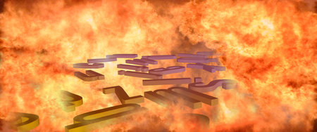 3D image of the letters of the Latin alphabet flying surrounded by solid fire