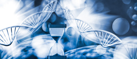 Image of an hourglass in which you can see how the sand flows against the background of stylized DNA...