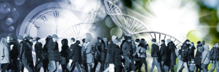Image of walking people on an abstract background with stylized DNA chains flying balls and a large clock faceの写真素材