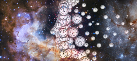 image of the contour of a person's face, consisting of watch dials of different sizes, and at the same time, the dials, as it were, come off and create a train of dials behind the contour represent the concept of time and unique arrangement of moments and experiencesの写真素材
