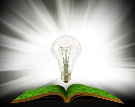 The image of a light bulb over an open book is a symbol of the concept of knowledge, learning and...