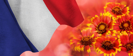 Image of the flag of France waving in the wind and beautiful festive colorsの写真素材