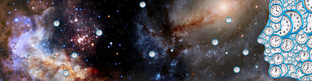 Abstract image of a person's profile consisting of clock dials against the backdrop of a cosmic...