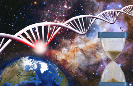 Abstract image of a DNA helix with a problem area marked in red against the backdrop of a cosmic...