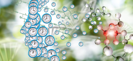 Abstract image of a person's profile symbolically composed of dials of different sizes. Concept man, time, spaceの写真素材