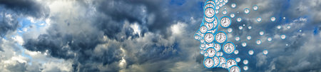 Abstract image of a person's profile symbolically composed of dials of different sizes. Concept man, time, spaceの写真素材