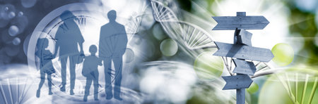 An image of silhouettes of parents with children on an abstract background depicting a clock, a road...