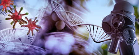 Abstract 3D image of the covid virus against the background of stylized DNA spirals