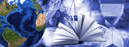 An open book symbolizing the source of knowledge. A book lying on a stack of books. Concept of...