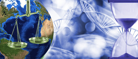 Abstract collage consisting of an hourglass, cup scales, against the backdrop of the planet Earth...