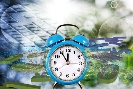 Abstract image of a clock with particles coming off of it against the background of flying volumetric letters of the Latin alphabetの写真素材