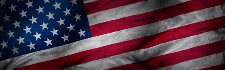 Horizontal banner with an image of a waving USA flag clouse-upの写真素材