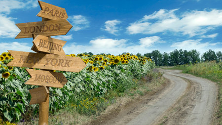 Image of road sign showing the direction to state capitals standing on a country roadの写真素材