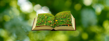 A book lies open, revealing a picturesque meadow with vibrant green grass and scattered autumn leaves, all set against a blurred backdrop of lush greenery.の写真素材