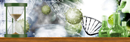 A green hourglass on a table represents passage of time in a scientific lab. Background shows...