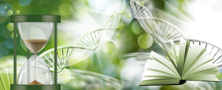 A symbolic image representing the passage of time, knowledge, and the interconnectedness of life, with an hourglass, a book, and a DNA strand.の写真素材