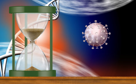 Sand falls through an hourglass on a wooden table, with a DNA helix and virus in the background, creating a feeling of urgency and passing time.の写真素材