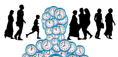 A silhouette image depicts a family walking in a line, with a group of blue clocks symbolizing the...