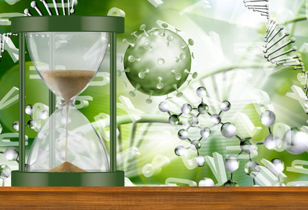 An hourglass rests on a wooden surface, with a green background featuring abstract representations of DNA, a virus, and molecular structures.の写真素材