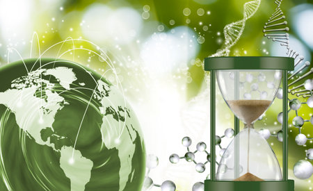 Green globe, hourglass, DNA helix on blurred background symbolize nature, time, and life interconnected on Earth.の写真素材