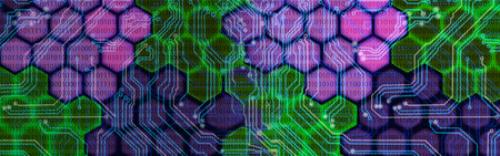 The artwork showcases an intricate design where hexagonal patterns interweave with circuit board...