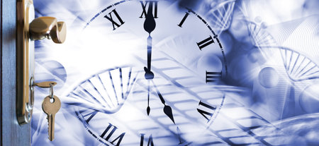 A keyhole reveals a swirling clock face, its hands frozen in time, overlaid with DNA strands that...