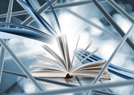 An open book rests at the center, emitting a radiant glow while surrounded by dynamic blue lines. This visual metaphor conveys the transformative power of knowledge and creativity in a modern context.の写真素材