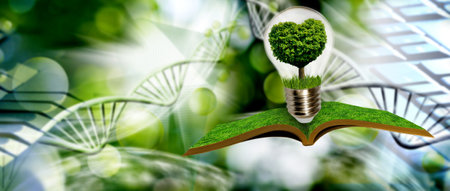 A light bulb made of greenery symbolizes environmental awareness, sitting atop an open book that...