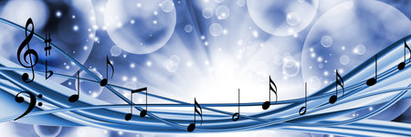 Swirling waves of blue create a tranquil atmosphere, where musical notes float gracefully amidst soft, glowing bubbles, inviting harmony and peace into the space.の写真素材