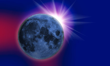 A mesmerizing blue moon shines brightly against a deep gradient sky, surrounded by radiant...