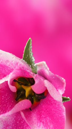 A close-up view reveals a stunning pink flower, glistening with dewdrops, surrounded by a gently...