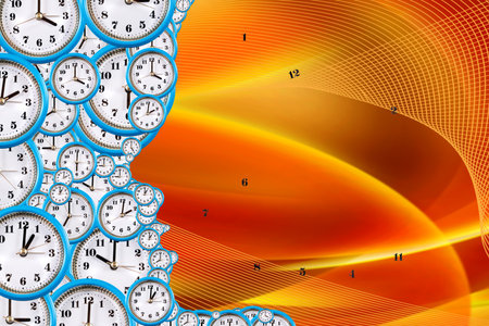 A dynamic array of clocks merge with a brilliant sunset backdrop, creating a mesmerizing view.