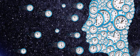 In a vast cosmic expanse, clocks drift through a starry night, merging the concept of time with the...