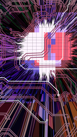 Colorful lines and circuitry patterns radiate from a central point, forming an energetic composition...