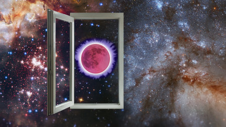 A window swings open to unveil a stunning cosmic landscape filled with vibrant stars and a large pink moon. This celestial view captivates the imagination and inspires wonder.の写真素材