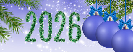 A vibrant features display the number 2026 crafted from lush greenery, accented by blue ornaments...