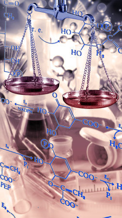 Two metal scales hang in a laboratory filled with glassware and scientific diagrams. The scene captures the essence of scientific analysis and precision in chemistry.の写真素材
