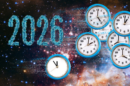 The scene shows several clocks set against a vibrant cosmic background, symbolizing the progression...