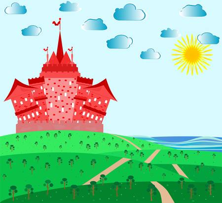 Fairytale landscape with red magic castleのイラスト素材