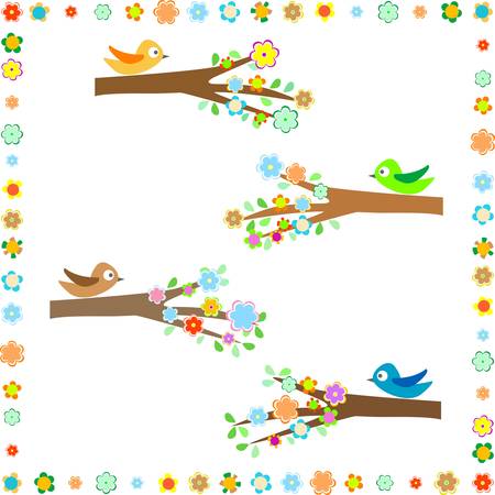 Birds sitting on different tree branches with flower decorのイラスト素材