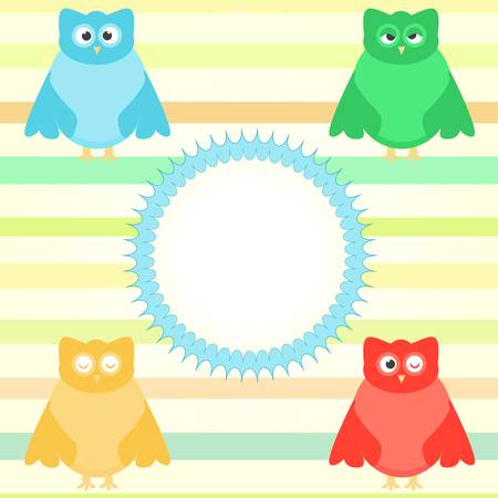 cute cartoon owl set on colorful backgroundのイラスト素材